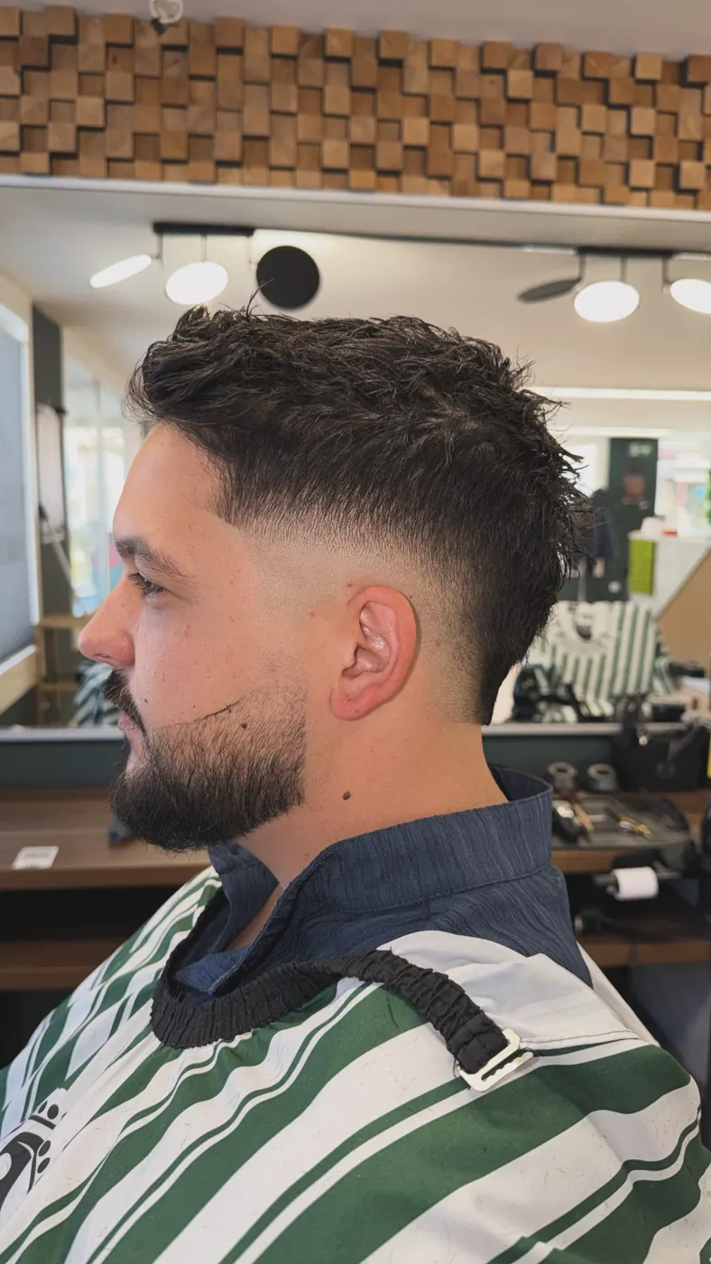 Fade mit gepflegtem Bart, Seitenansicht im Barbershop Fislisbach